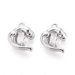 Платинированный Латунные микропаве прозрачные кубические циркониевые подвески, без кадмия, без никеля и без свинца, волна воды, Реальная платина, 13x11.5x4.5 мм, отверстие : 1.2 мм