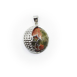 Унакит Природные подвески Unakite, луна со звездными чарами, с фурнитурой сплавочной платины тон, 31x22 мм