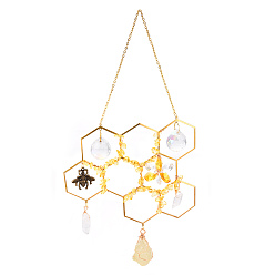 Цитрин Подвеска с натуральным цитрином, сотовые подвесные ловцы солнца, украшение дома, с латунной фурнитурой и стеклянным круглым шармом, золотые, 200x140 мм