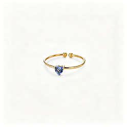 Deep Sky Blue Adjustable Birthstone 304 Stainless Steel Micro Pave Cubic Zirconia Cuff Open Rings, Heart, September, Golden, Deep Sky Blue, US Size 4 1/4(15~20mm)
