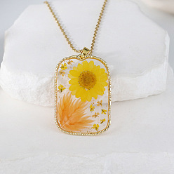 Золотистый Женские ожерелья из сплава, Подвески-ожерелья из смолы и сушеных прессованных цветов, прямоугольные, золотые, золотые, 17.72 дюйм (45 см)
