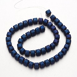 Blue Plated Electroplate Non-magnetic Synthetic Hematite Bead Strands, Frosted, Cube, Blue Plated, 8x8x8mm, Hole: 1mm, about 51pcs/strand, 15.7 inch