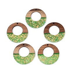 Зеленый лайм Подвески из непрозрачной смолы и орехового дерева, плоские круглые прелести, с блестящей пудрой и золотой фольгой, зеленый лайм, 38x3~3.5 мм, отверстие : 2 мм