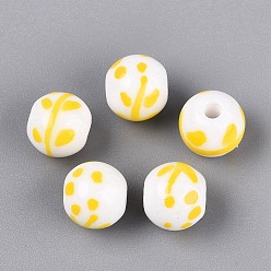 Gold Handmade Porcelain Beads, Hand Painted, Famille Rose Porcelain, Round & Branch, Gold, 10.5mm, Hole: 2.5mm
