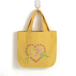 Gold DIY Flower Pattern Handbag Embroidery Bag Kits, Including Embroidery Cloth & Thread, Needle, Embroidery Hoop, Instruction Sheet, Gold, 200mm