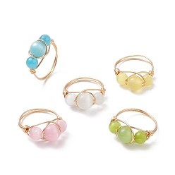 Light Gold Кольцо на палец с кошачьим глазом и бусинами, экологически чистое кольцо из медной проволоки для женщин, долговечный, круглые, золотой свет, размер США 8 1/4 (18.3 мм)