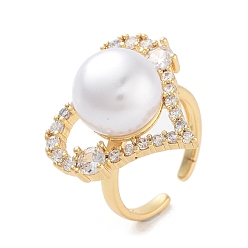 Настоящее золото 18K Открытое кольцо-манжета из латуни с микро-паве в виде сердца для женщин с кубическим цирконием, без кадмия и без свинца, с абс пластмассовыми шариками, реальный 18 k позолоченный, регулируемый