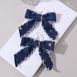 Морской Синий Серьги из ткани, бантом, золотые, Marine Blue, 95x80 мм