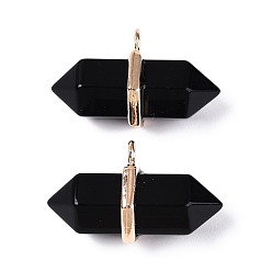 Обсидиан Подвески с двойным наконечником из натурального обсидиана, граненые подвески в форме пули с фурнитурой из сплава, золотые, 20~21x34.5~36x17~18 мм, отверстие : 3 мм