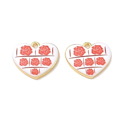 Red Printed Brass Pendants, Heart with Rose Charms, Rack Plating, Long-Lasting Plated, Lead Free & Cadmium Free, Real 18K Gold Plated, Red, 17x20.5x3.5mm, Hole: 2mm