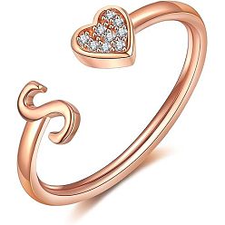 Letter S Регулируемые латунные кольца из манжеты из горного хрусталя, письмо и сердце, розовое золото , Письмо с, внутренний диаметр: 15~20 мм