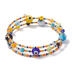 Colorful Evil Eye Lampwork & Glass Seed Bead Wrap Bracelet with Steel Wire, Colorful, Inner Diameter: 2-1/8 inch(5.3cm)