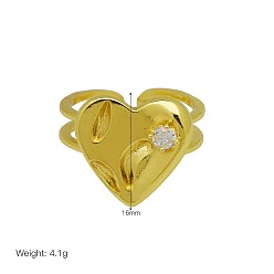 Heart Brass Pave Clear Cubic Zirconia Cuff Open Rings, Golden, Heart, 15~20mm