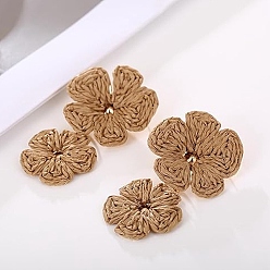 Верблюжий Серьги-гвоздики с цветочной латунной фурнитурой из рафии, золотые, верблюжие, 64 мм