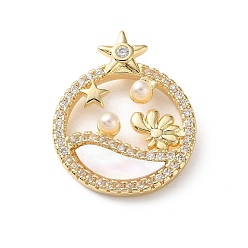 Real 18K Gold Plated Brass Micro Pave Clear Cubic Zirconia Pendants, with White Shell & ABS Imitation Pearl, Flat Round with Star Charms, Cadmium Free & Lead Free, Rack Plating, Long-Lasting Plated, Real 18K Gold Plated, 22x17.5x4mm, Hole: 3x2mm