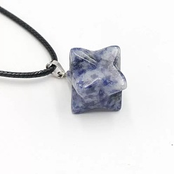 (306FM) Жонкиль матовый с лаймовой подкладкой Подвески-колье из натуральной голубой яшмы в виде геометрической гексаграммы и звезды с черными шнурками., 15.75 дюйм (40 см)