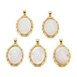 Золотой Подвески-ангелы из натуральной белой ракушки, латунные овальные подвески, золотые, 27x19.5x2.5~3.5 мм, отверстие : 4x3.5 мм