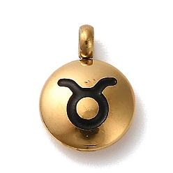 Телец 304 подвески из нержавеющей стали с черной эмалью, золотые, плоский круглый с подвеской в виде созвездия, Телец, 11x8x2.5 мм, отверстие : 1.8 мм