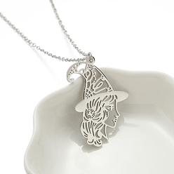 Stainless Steel Color Halloween 201 Stainless Steel Witch Outline Pendant Necklaces for Women, Tarnish Free, Stainless Steel Color, 17.72 inch(45cm)