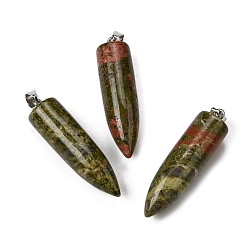 Унакит Подвески из натурального унакита, Подвески в форме пули с 304 защелкивающимися креплениями из нержавеющей стали, цвет нержавеющей стали, 45x11.5~12 мм, отверстие : 7x4 мм