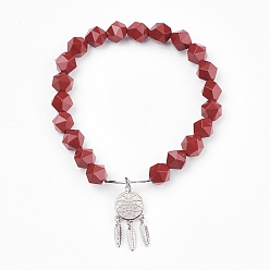 Red Jasper Natural Red Jasper Beads Charm Bracelets, with Brass Findings, Woven Net/Web with Feather, 2 inch(5.2cm), Pendant: 24x10.5x2mm
