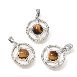 Платина Подвески из натурального тигрового глаза и натуральной раковины, плоские круглые подвески в латунной оправе, платина, 17x15x5~6 мм, отверстие : 4x2 мм