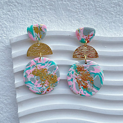 Разноцветный Серьги-гвоздики из полимерной глины и сплава, плоский круглый с полукругом, золотые, красочный, 55x30 мм