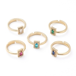 Gemischte Farbe Einstellbare messing micro pave zirkonia fingerringe, Solitärring, langlebig überzogen, Rechteck, echt 18 k vergoldet, Gemischte Farbe, us Größe 6 (16.5 mm)