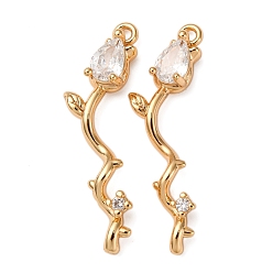 Настоящее золото 18K Латунные микропаве прозрачные подвески с фианитом, без кадмия, без никеля и без свинца, роза, реальный 18 k позолоченный, 29x11x4 мм, отверстие : 1.4 мм