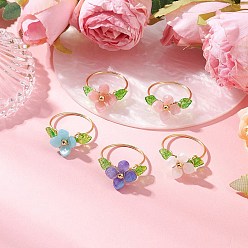 (52) Непрозрачная лаванда Кольца для женщин из пластика и акрила с медной проволокой, цветок, разноцветные, Цветок: 13.5x13.5 мм, американский размер 8 1/2~9 1/2(18.5~19.3мм), 5 шт / комплект