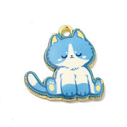 Light Sky Blue Printed Alloy Pendants, Cat Charm, Light Gold, Light Sky Blue, 20x20x2mm, Hole: 2mm