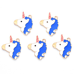 Dark Blue Alloy Enamel Pendants, Cadmium Free & Lead Free, Light Gold, Unicorn, Dark Blue, 24.5x19.5x1mm, Hole: 1.8mm
