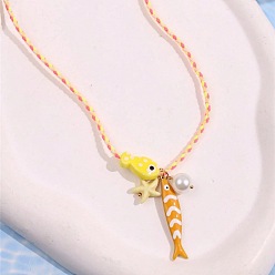 Orange Summer Beach Porcelain & Resin Fish Starfish Pendant Cotton Cord Necklaces with Imitation Pearl, Orange, 17.72 inch(45cm)