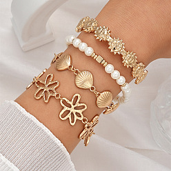 Golden Boho Alloy Flower Shell Shape Link Chain Bracelet Sets, Sun Cuff Bangles and Imitation Pearl Beaded Stretch Adjustable Stackable Bracelets, White, Golden, 6.69~8.66 inch(17~22cm), 4pcs/set