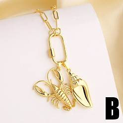 Shell Shape Summer Beach Brass Pendant Necklaces, Golden, Shell Shape, 15.75 inch(40cm), pendant: 34x27mm & 36x14mm