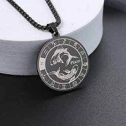 Рыбы 201 ожерелья из нержавеющей стали с цепочкой из сплава, чёрные, плоский круглый узор созвездия, Рыбы, 23.62 дюйм (60 см)