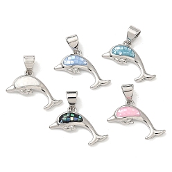 Платина Латунь эмаль подвески, с естественной оболочке, прелести дельфинов, долговечный, стойки покрытие, без свинца и без кадмия, платина, 13x18x3 мм, отверстие : 4.5x3.5 мм