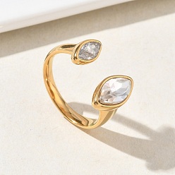 Horse Eye 304 Открытые кольца-манжеты из нержавеющей стали с прозрачными кубическими циркониями для женщин, золотые, лошадиный глаз , внутренний диаметр: 18.8 мм