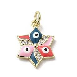 Pink Латунные микро проложить кубического циркония подвески, с эмалью, без кадмия, без никеля и без свинца, с целью перехода в кольце, золотые, звезда с дурным глазом, розовые, 17.5x13x3.4 мм, отверстие : 3.2 мм