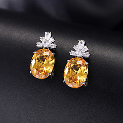 Orange Brass Pave Cubic Zirconia Oval with Flower Stud Dangle Earrings for Women, Platinum, Orange, 25x12mm