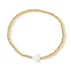 Белый Латунные круглые бусины эластичные браслеты, Украшения для женщин: крестик из смолы., реальный 18 k позолоченный, белые, 6.89 дюйм (17.5 см)