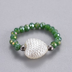 Sea Green Electroplate Glass Stretch Rings, with Synthetic Hematite and Opaque ABS Plastic Imitation Pearl, Heart, Sea Green, Size 8, 18mm