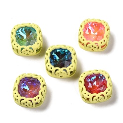 Желтый Шить на горный хрусталь, флуоресцентный стиль мокко, стекло горный хрусталь, с латунной фурнитурой , аксессуары для одежды, квадрат, разноцветные, желтые, 12.5x12.5x6 мм