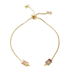 Разноцветный Изготовление браслетов из латуни с инкрустацией кубическим цирконием и цепочками-слайдерами., стойки покрытие, долговечный, без свинца и без кадмия, реальный 18 k позолоченный, прямоугольные, красочный, 10.24 дюйм (26 см), отверстие : 2 мм