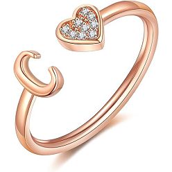 Letter C Регулируемые латунные кольца из манжеты из горного хрусталя, письмо и сердце, розовое золото , буква С, внутренний диаметр: 15~20 мм