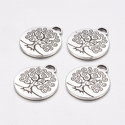 Античное Серебро Тибетский стиль дерево жизни сплава подвески, без свинца, без кадмии и без никеля, плоско-круглые, античное серебро, 28x24x2 мм, отверстие : 4.5x2 мм
