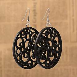 Black Simple Design Filigree Flat Round Wood Dangle Earrings, with Platinum Plated Iron Earring Hooks, Black, 68mm, Pin: 0.8mm
