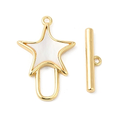 Real 18K Gold Plated Brass Toggle Clasps, Cadmium Free & Nickel Free & Lead Free, with Shell, Star, Real 18K Gold Plated, Star: 22x14.5x2.5mm, Hole: 1.2mm, Bar: 17x4x2mm, Hole: 1.2mm