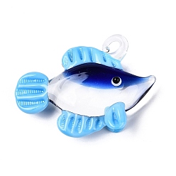 Светло-Голубой Подвески лэмпворк ручной работы, тропических рыб, Небесно-голубой, 40~42x53x14~15 мм, отверстие : 3~5x3.5~4.5 мм