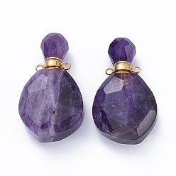 Amethyst Faceted Natural Amethyst Openable Perfume Bottle Pendants, with Golden Tone 304 Stainless Steel Findings, 38~39.5x22.5~23x11~13.5mm, Hole: 1.8mm, Bottle Capacity: 1ml(0.034 fl. oz)
